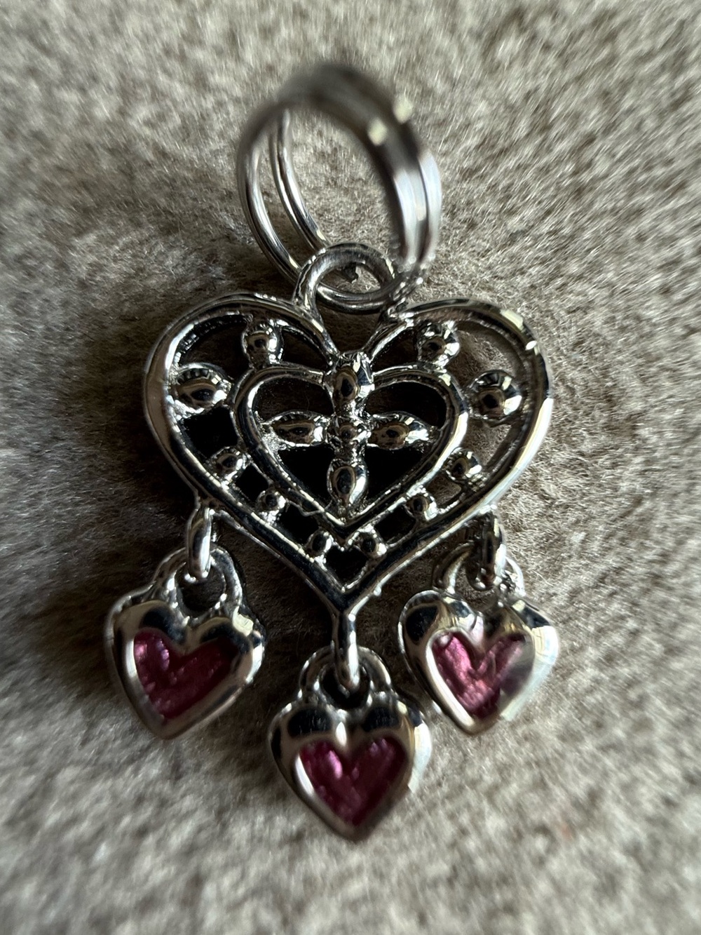 Heart Dangle Pendant Charm in Silver with Pink Accents